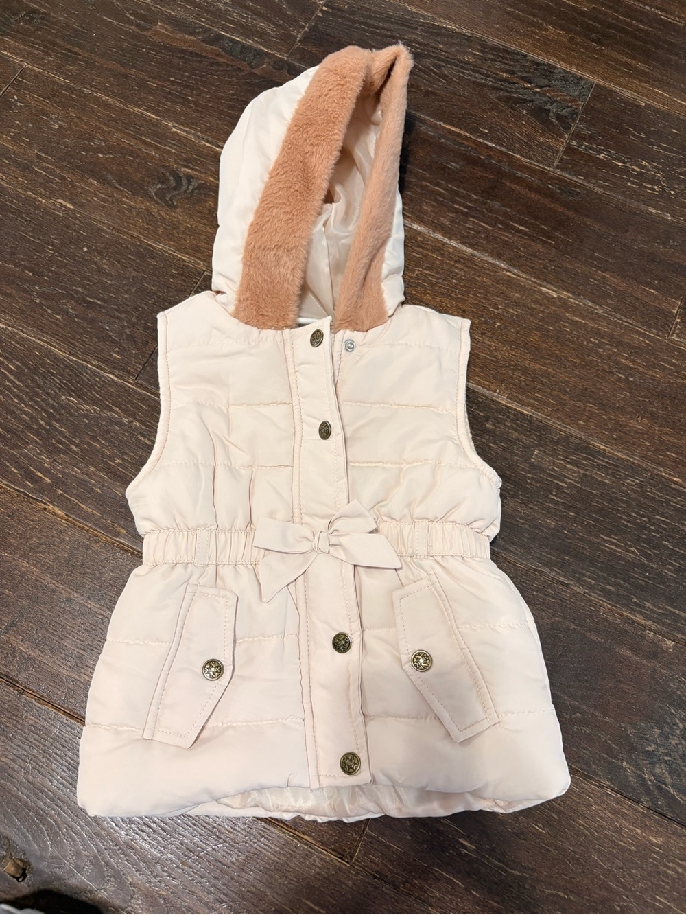 Nicole Miller Cream Sleeveless Hooded Puffer Vest with Bow